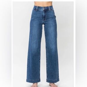 Judy Blue High Waist Double Button Wide Leg Dark Blue Jeans